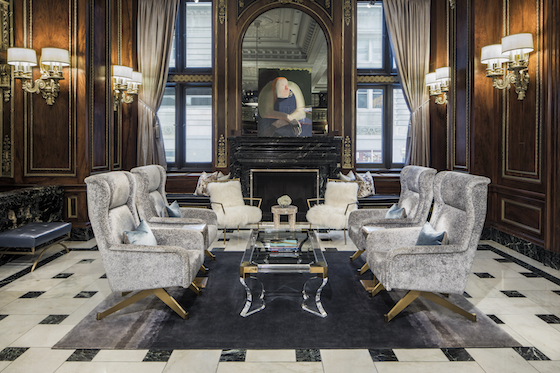 Fireside area at the renovated Blackstone Hotel in Chicago.