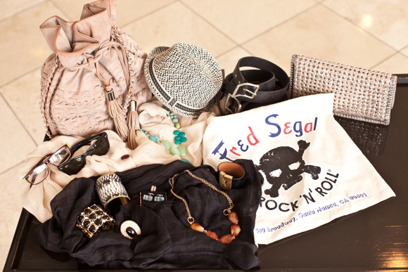 Embellished scarves, layered necklaces, oversized stone cuffs, chunky bangles, aviator and fold-up sunglasses, belts, totes, woven leather purses and stylish dog toys all are part of the Fred Segal Lending Library. Photo used courtesy of Loews Santa Monica Beach Hotel.