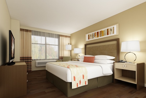 An artistic rendering of the new Hawthorn Suites by Wyndham guestroom prototype.