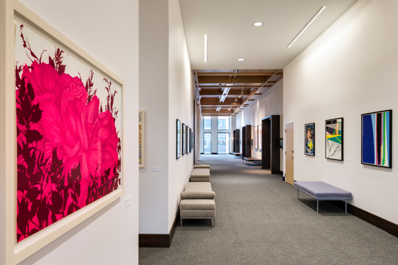Local art is featured on the second floor in the event space corridor.