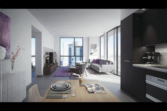Interior rendering of a YotelPad Miami branded residence
