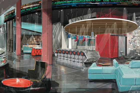 The Vib lobby, seen here in a rendering, is expected to feature grab-and-go premium coffee and food options 24/7, a bar and signature fireplace, mobile check-in and seating including gaming pods.