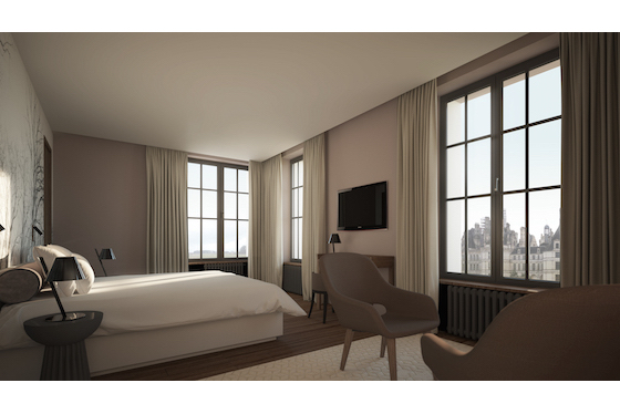 Rendering of a guest room at the Relais de Chambord, a Marugal Management set to open in March