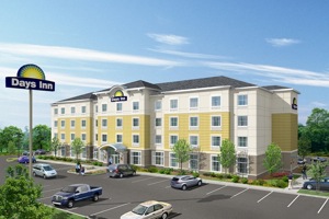 An artistic rendering of the exterior of a Days Inn prototype.