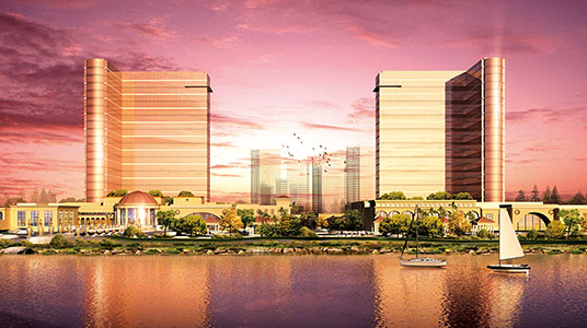 An artistic rendering of Manila Bay Resorts upon its projected completion in 2013. Image used courtesy of Universal Entertainment Corp.
