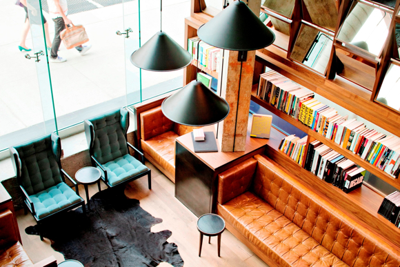The lobby lounge includes a library curated by Phaidon Books.