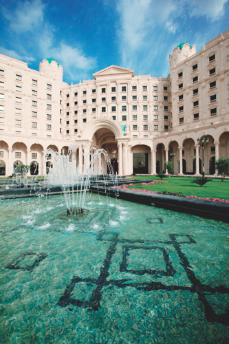 The hotel boasts spectacular fountains that front the 1-km (0.62-mile) driveway.