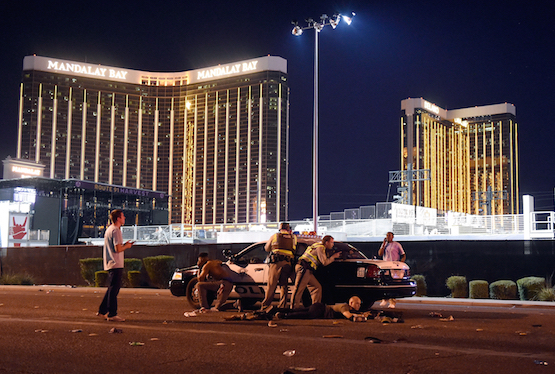 Las Vegas police stand guard at the festival grounds after the mass shooting on October 1. (Getty Images)
