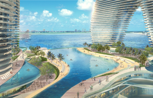 The mega-complex will feature a 3.6 acre (1.4 hectare) rooftop lagoon. Image used courtesy of Arquitectonica