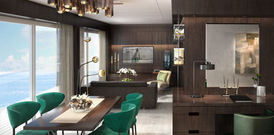 Rendering of a Grand Suite on the Ritz-Carlton yacht