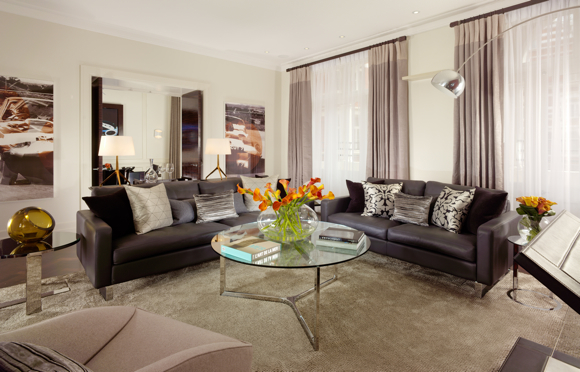 Leather couches feature in the suite’s living room. Photos used courtesy of 51 Buckingham Gate