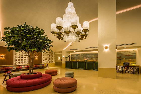 Circular seating adds interest to the lobby.
