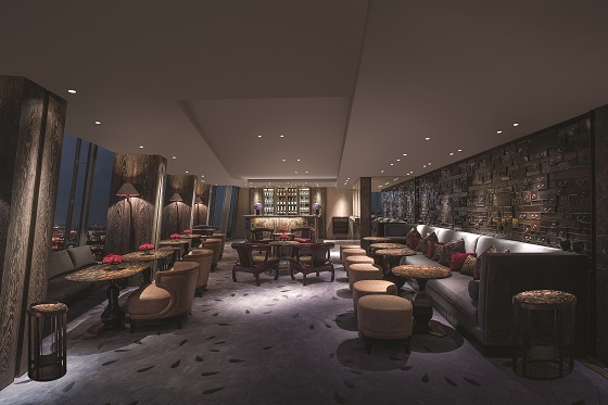 The bar was inspired by cinnabar and Chinese architecture.