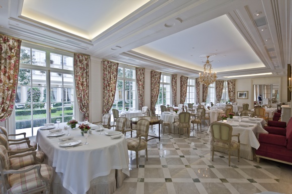 The newly designed Epicure restaurant now entirely faces Hotel Le Bristol's interior garden.