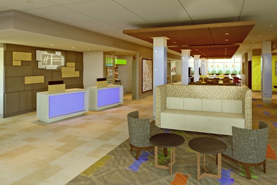 An artistic rendering of the Holiday Inn Express lobby prototype