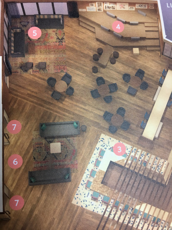 Photo of a Reverb marketing brochure showing floor plan, including communal steps (marked as #4)