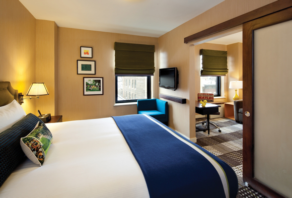 The 184 guestrooms at Hotel Lincoln offer layouts ranging from studios to family suites outfitted with bunk beds.