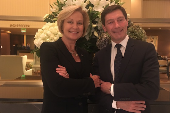 Vanessa Williams and Luc Delafosse in the lobby of Waldorf Astoria Beverly Hills