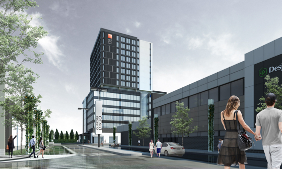 Rendering of the first Alt+ exterior, a 168-room property situated in the popular Quartier DIX30.