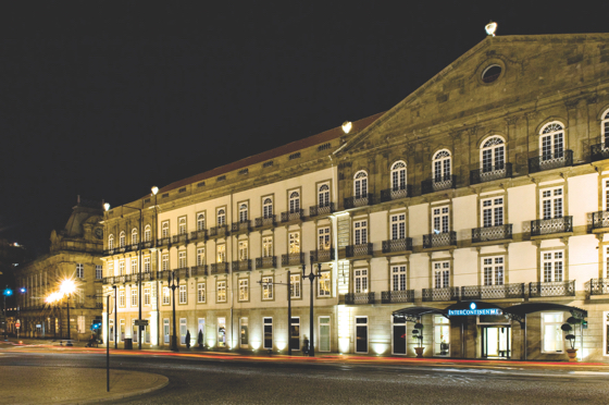 Facade of the InterContinental Porto Palacio das Cardosas, Portugarl, an adaptive reuse of an 18th century former bank building located in the city’s historic center.