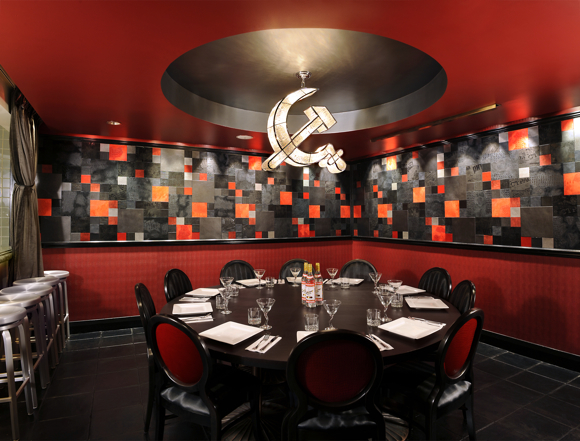 Among design highlights at KGB is a hammer-and-sickle chandelier in the chef’s dining room. Photos used courtesy of KGB
