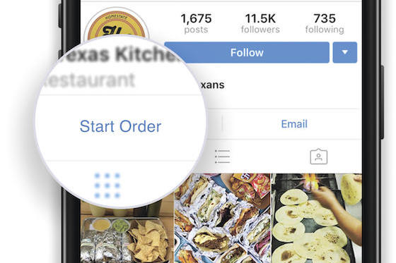 Instagram's new action "Start Order" button as shown on a client page of ChowNow, an online food ordering service.
