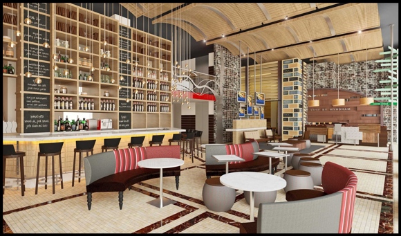 A rendering of the lobby bar at TRYP New York City Times Square South.