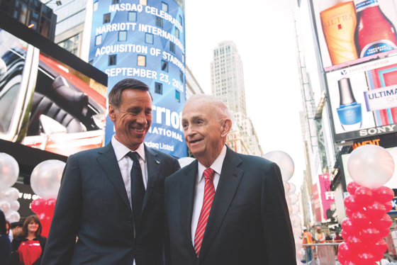 Sorenson celebrates the Starwood deal closing in front of the NASDAQ sign in Times Square with great admiration for his boss, Bill Marriott.