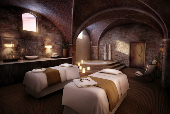 Formerly a wine cellar, the hotel’s 5,400-square-foot Essere Spa will feature seven treatment rooms with vaulted ceilings, restored stone walls and locally recycled wine cork penny tiles.