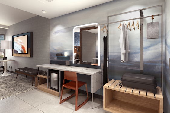 Rendering of the "get ready zone" in a king Tempo guest room 