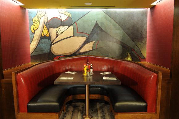 Custom artwork appears throughout the restaurant.
