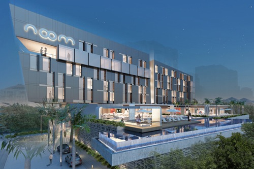 An artistic rendering of a Noom hotel exterior