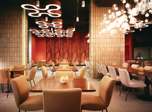 Restaurants include Palette, which serves Oriental, continental and Indian dishes all day. Design highlights include an open kitchen and floral patterns on the ceiling. Photos used courtesy of Vivanta by Taj – Yeshwantpur, Bangalore.