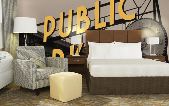 Clarion Pointe guest room rendering with signature mural