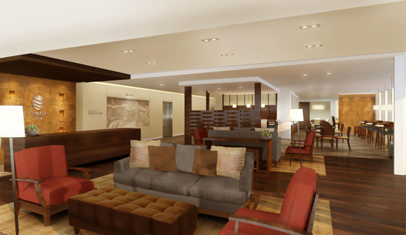 An artistic rendering of the new lobby look for the Comfort brand family.