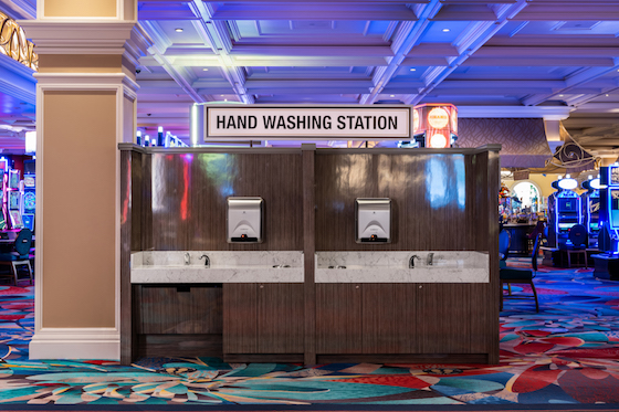 A hand-washing station in the casino area of the Bellagio in Las Vegas