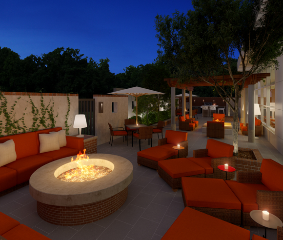 Hyatt House properties will feature an outdoor patio fire pit and barbeque grills for social occasions, shown in this artistic rendering. Images used courtesy of Hyatt Hotels Corp
