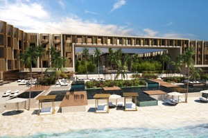An artistic rendering of a pool and beach area at Hyatt Playa.