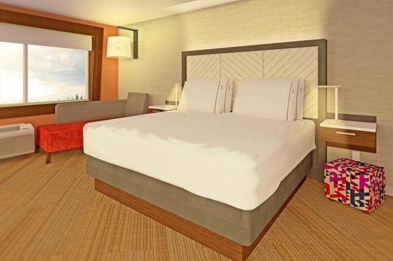An artistic rendering of the Holiday Inn Express guestroom prototype