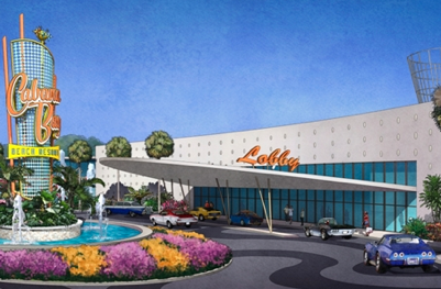 An artistic rendering of the exterior of Cabana Bay Beach Resort 