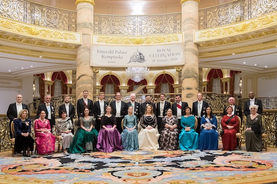 Round-up of royals at Emerald Palace Kempinski, Dubai: Owner Nver Mkhitaryan stands immediately behind his wife, who is wearing cream skirt