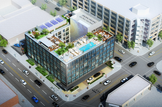 Rendering of the soon-to-open Godfrey hotel in Hollywood, California