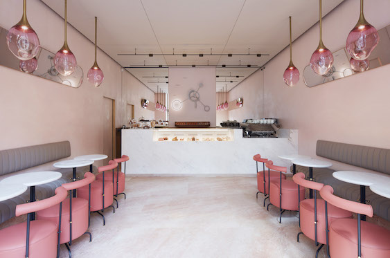 The pink interior of the Connaught's Patisserie