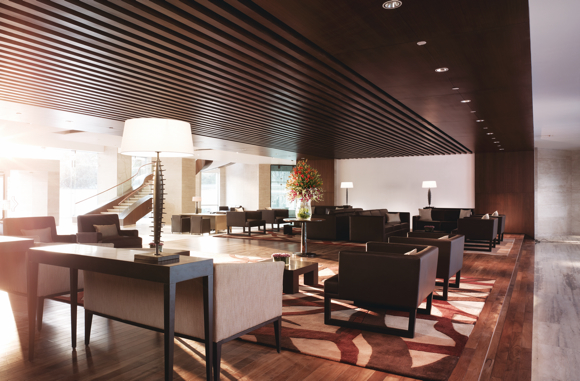 Warm earth colors predominate in the lobby.
