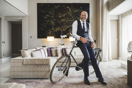 Leboeuf on his bike in a suite at the Mandarin Oriental Paris