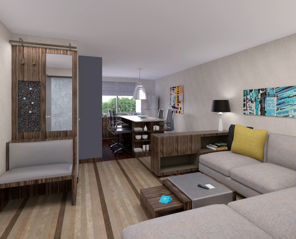 One of the guestrooms featuring the new Hyatt House look.