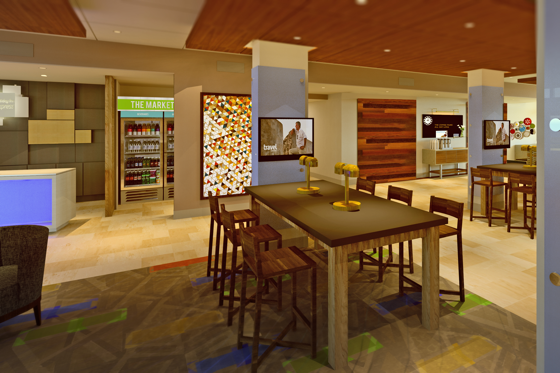 An artistic rendering of the Holiday Inn Express Great Room prototype