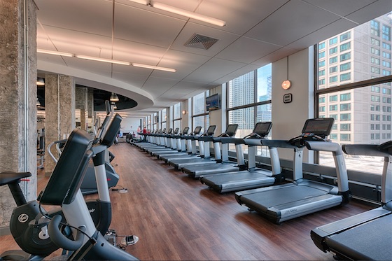 The renovated fitness center at the Chicago Marriott Downtown Magnificent Mile