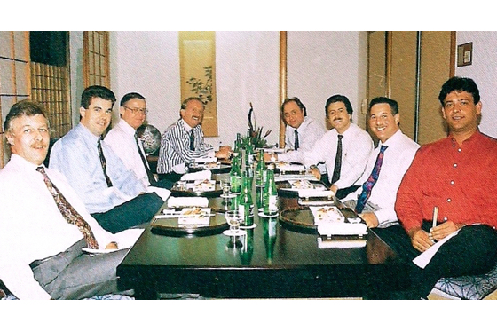 A meeting in the 1990s of some Global Hotelier members: From left, Freddy Roduner of ANA Hotel Singapore; Dan Hogan, sales manager of HOTELS; Don Lock, HOTELS publisher and president of the club; Jean F. Wasser, GM of the Mandarin Hotel Singapore; Christoph Hoelzl, manager of the Boulevard Hotel Singapore; Rudi Scherb, GM of ANA Hotel Singapore; Steve Renard of Renard International; and Anoop Malik of ANA Hotel Sydney. 