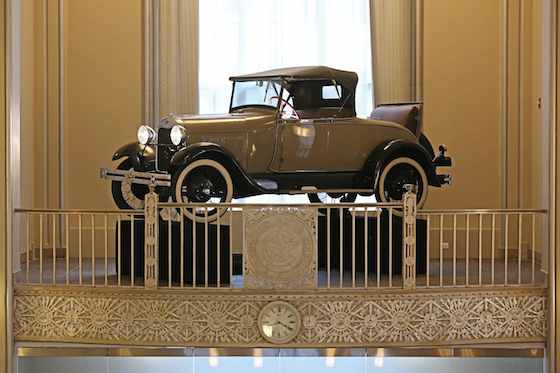A 1928 Ford Model A is on display in the lobby.